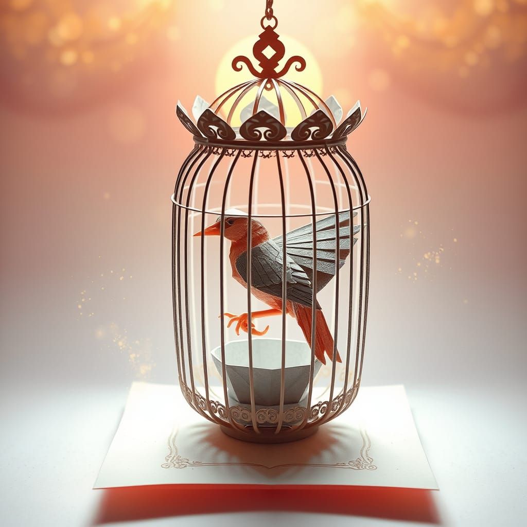 Ethereal Origami Bird in Majestic Bristol Board Cage