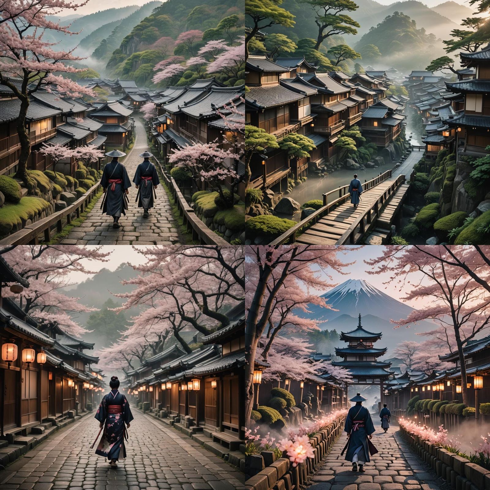 Misty Japanese Village with Samurai in Cinematic Style