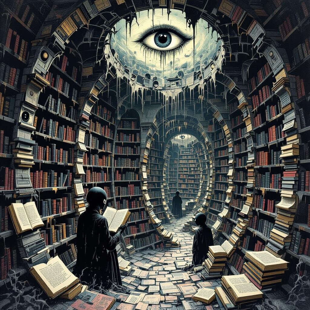 Surreal Library with Grotesque Details in Dark Surrealism