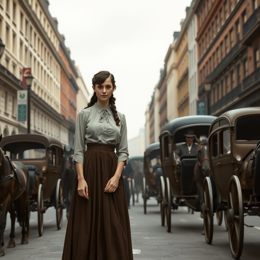 Elegant Victorian Lady on a Bustling London Street in Retro-...