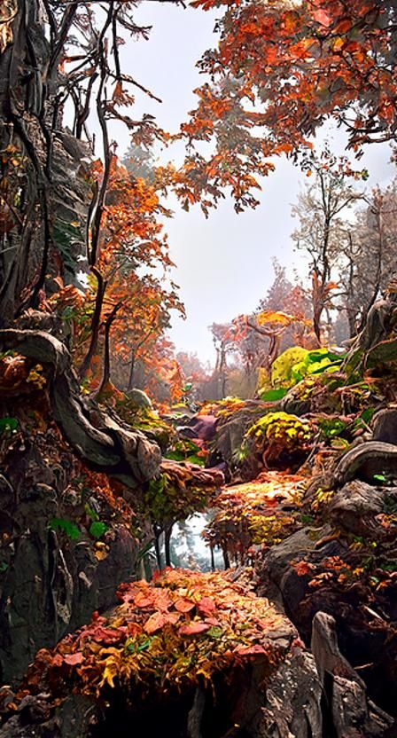 Lush Autumn Forest Scene with Stream in Photorealistic Style