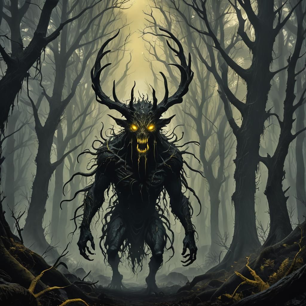 Terrifying Glistening Monster in Dark Glitchcore Forest