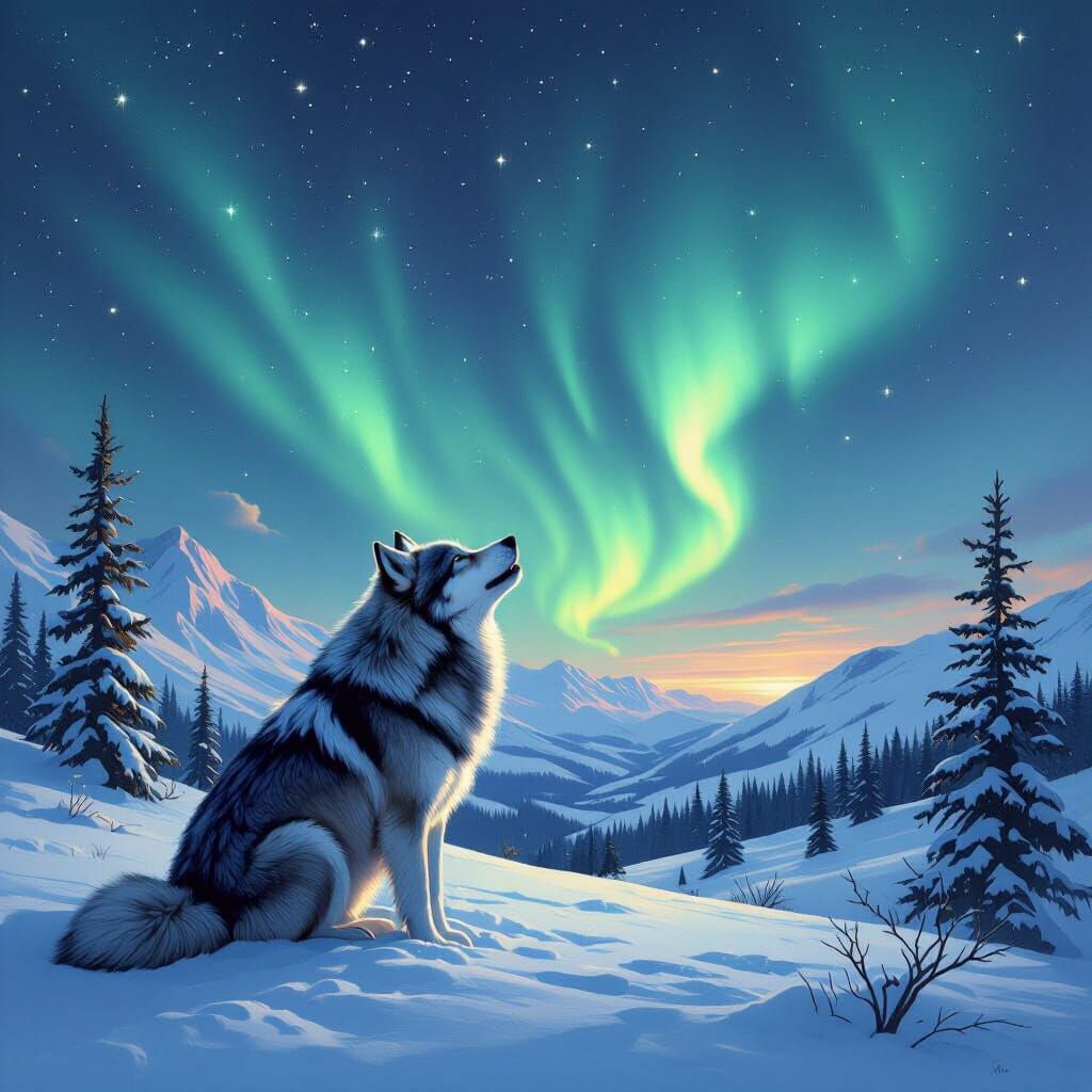 Wolf Howling Under Aurora Borealis, Digital Painting