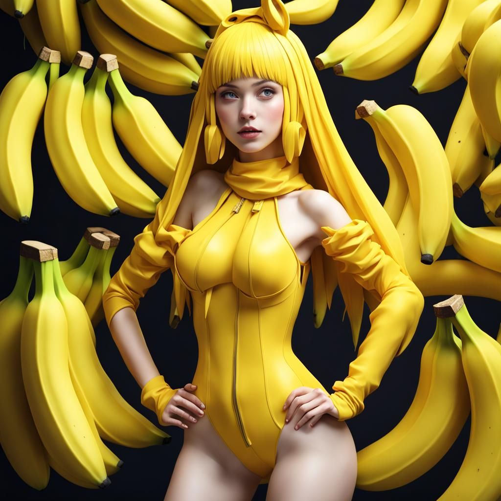 Banana Anime Girl in 3D, Maximalist Style