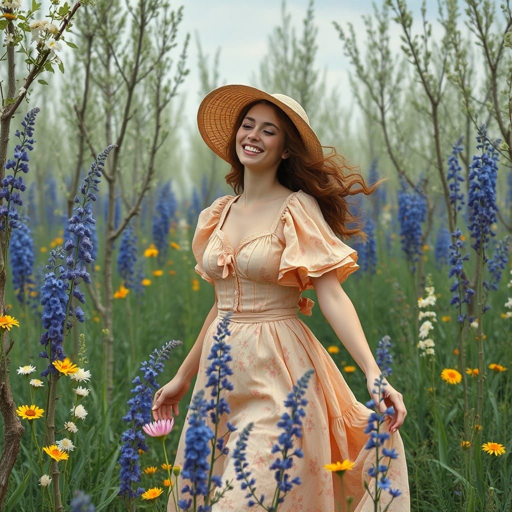 Joyful Woman Dancing in a Blooming Meadow: Impressionistic S...