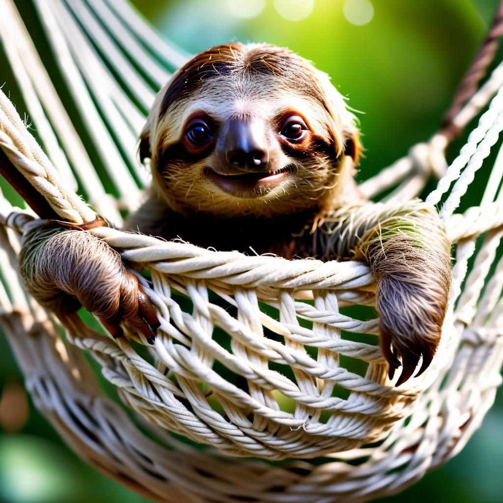 Smiling Baby Sloth in Hammock: Ultra-HD