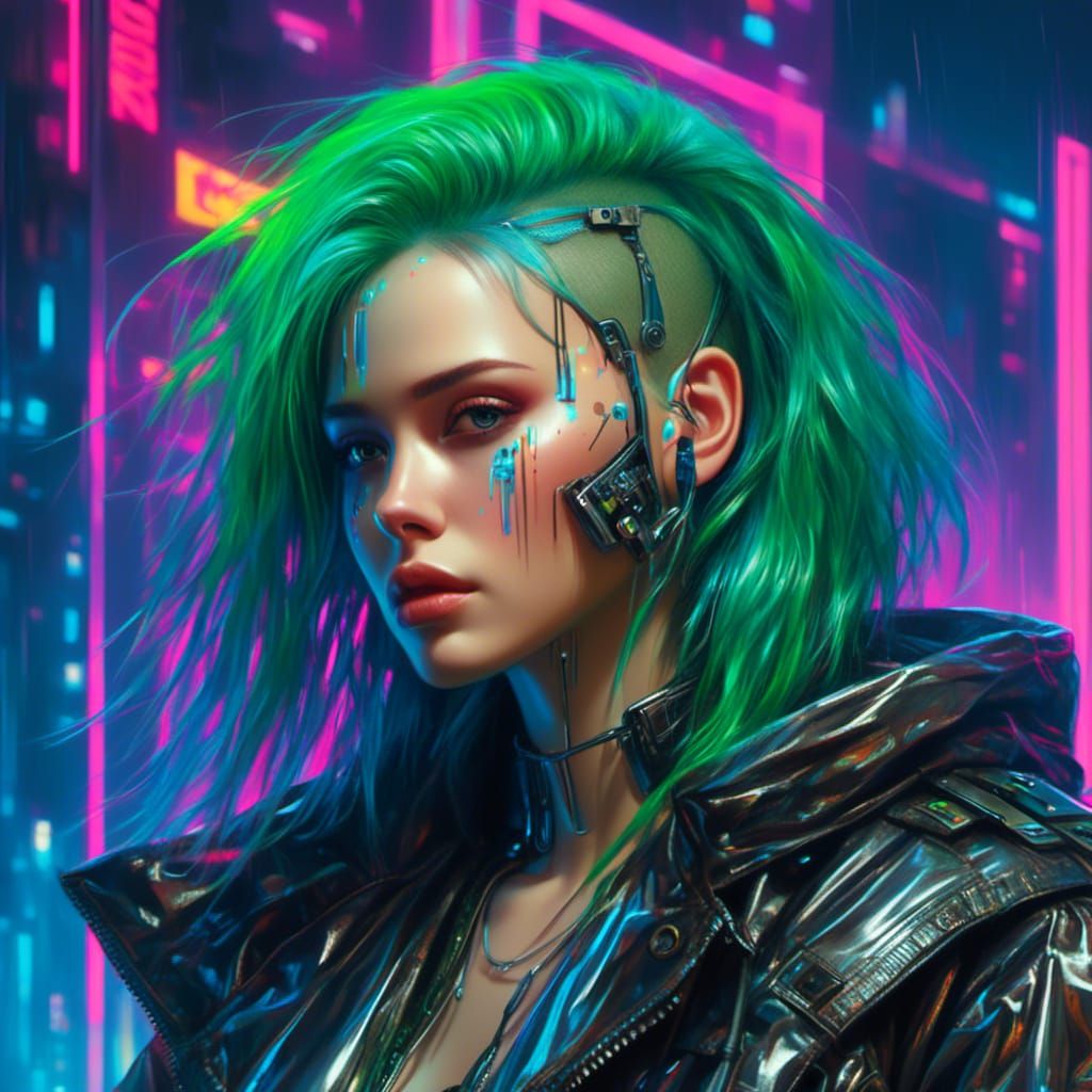 Cyberpunk Woman Portrait in Urban Neon Landscape