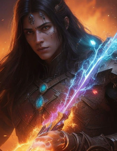 Fiery Spectral Swordmaster in Digital Art Style