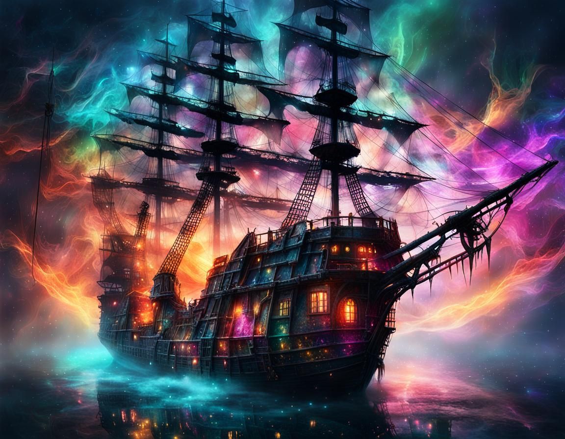 Surreal Space Pirate Ship Ablaze in Cosmic Fog