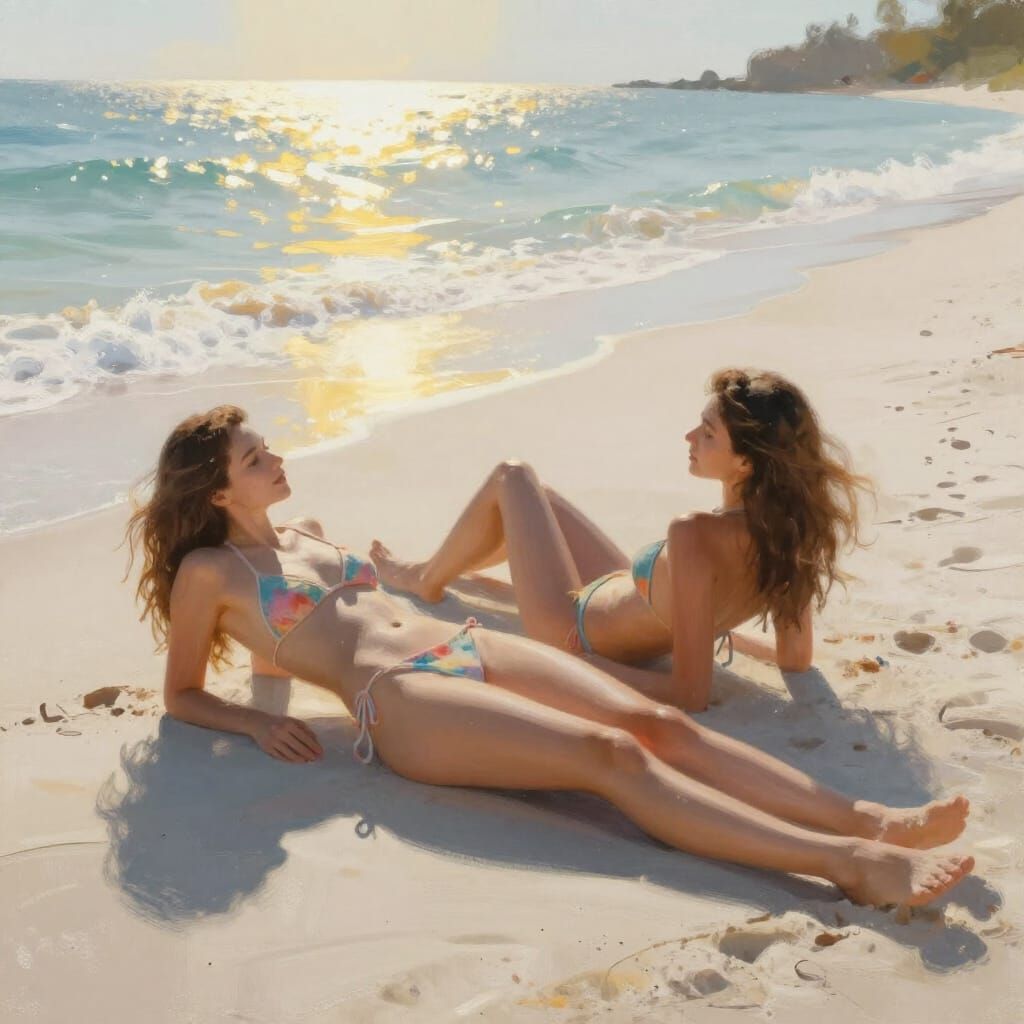 Women Sunbathing on Beach in Romantic Sea Bikinis