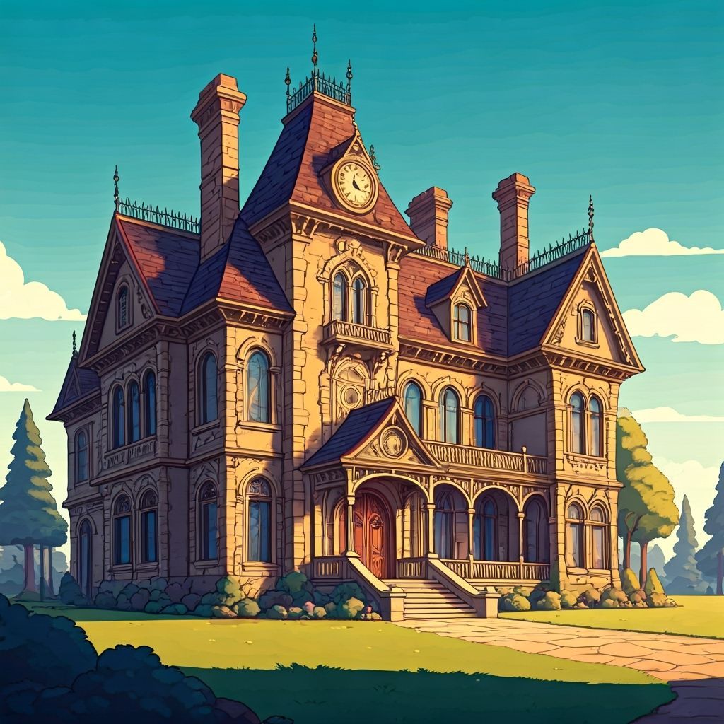 Cartoon Victorian Mansion in Disney Miyazaki Style