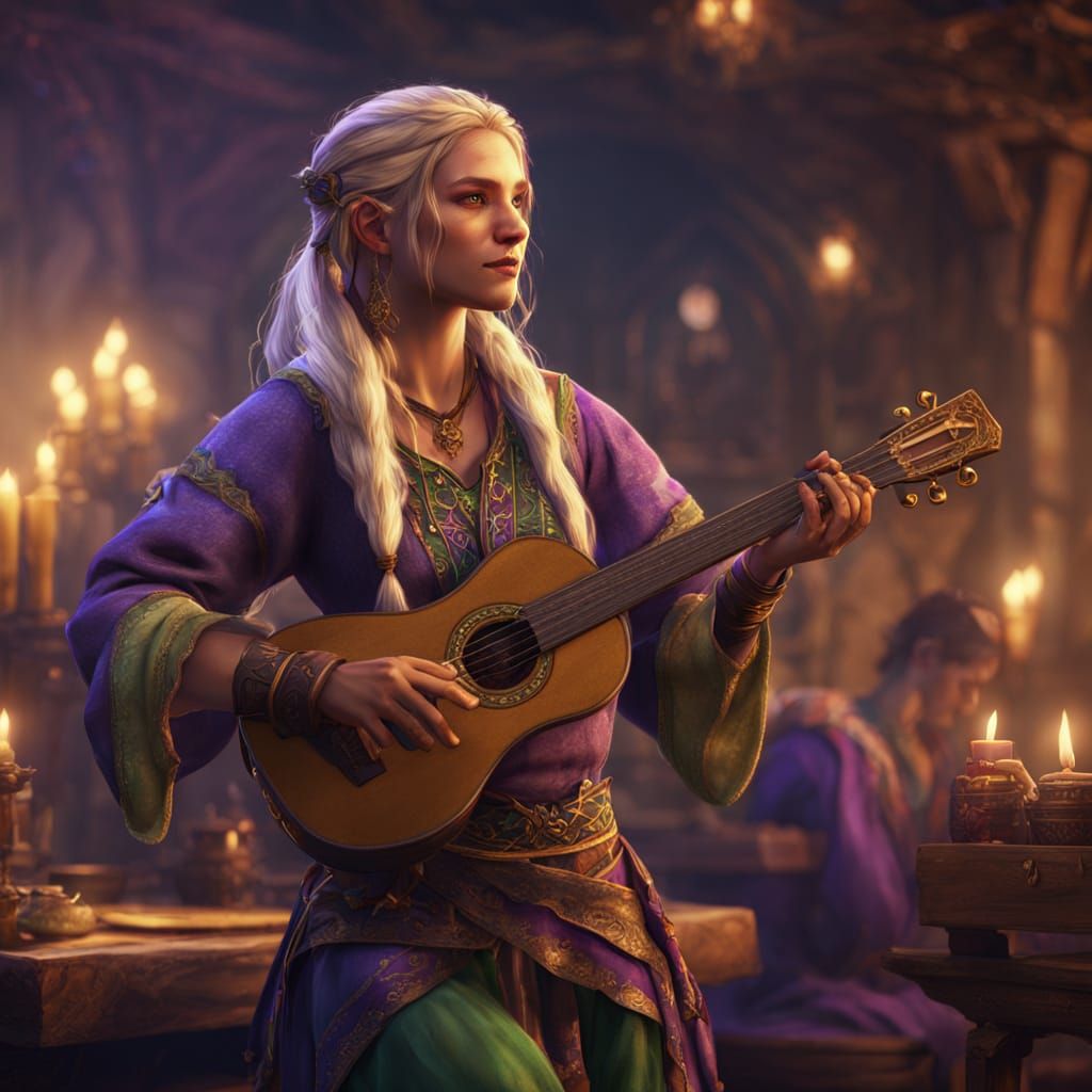 Half-Elf Bard Performing in Inn, Fantasy Art