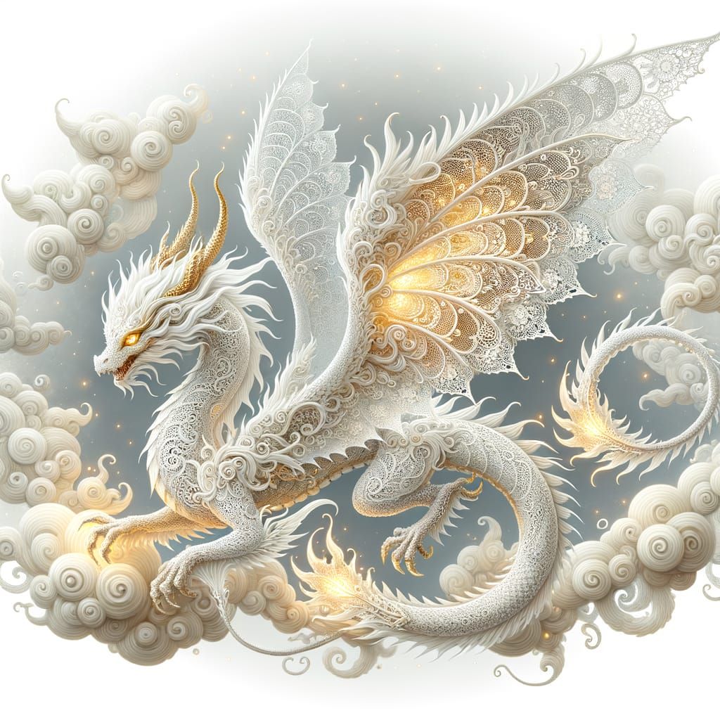Elegant Lace Dragon in Flight with Golden Shimmer