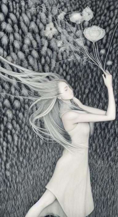 Elegant Etching of Woman with Flower in Forest