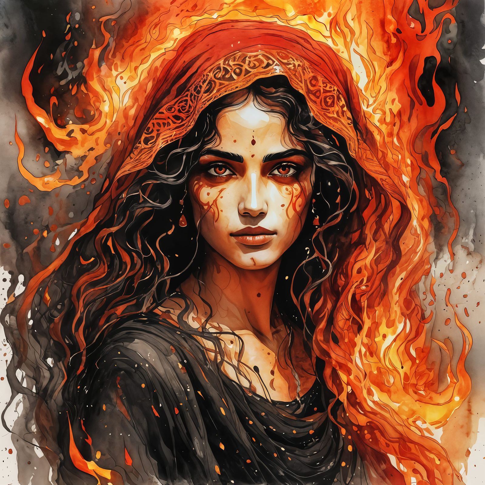 Flaming Palestinian Goddess Portrait in Watercolor Style