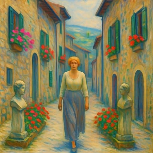 Italian Village Street Scene in Impressionist Style