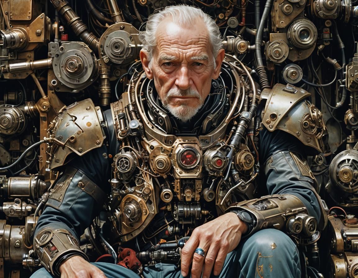 Cyborg Old Man in War-Torn Cityscape: Fairytale Portrait