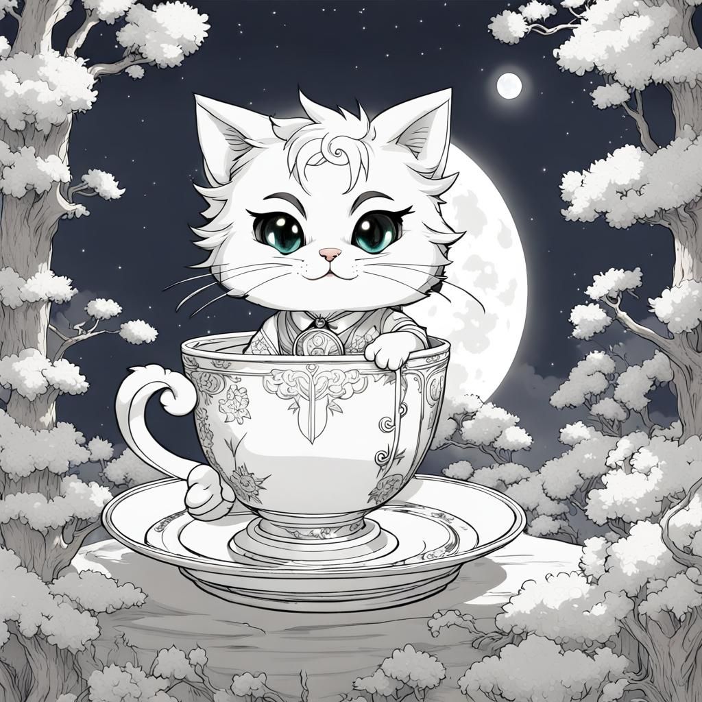 Cute Cat Tea Party under the Moon