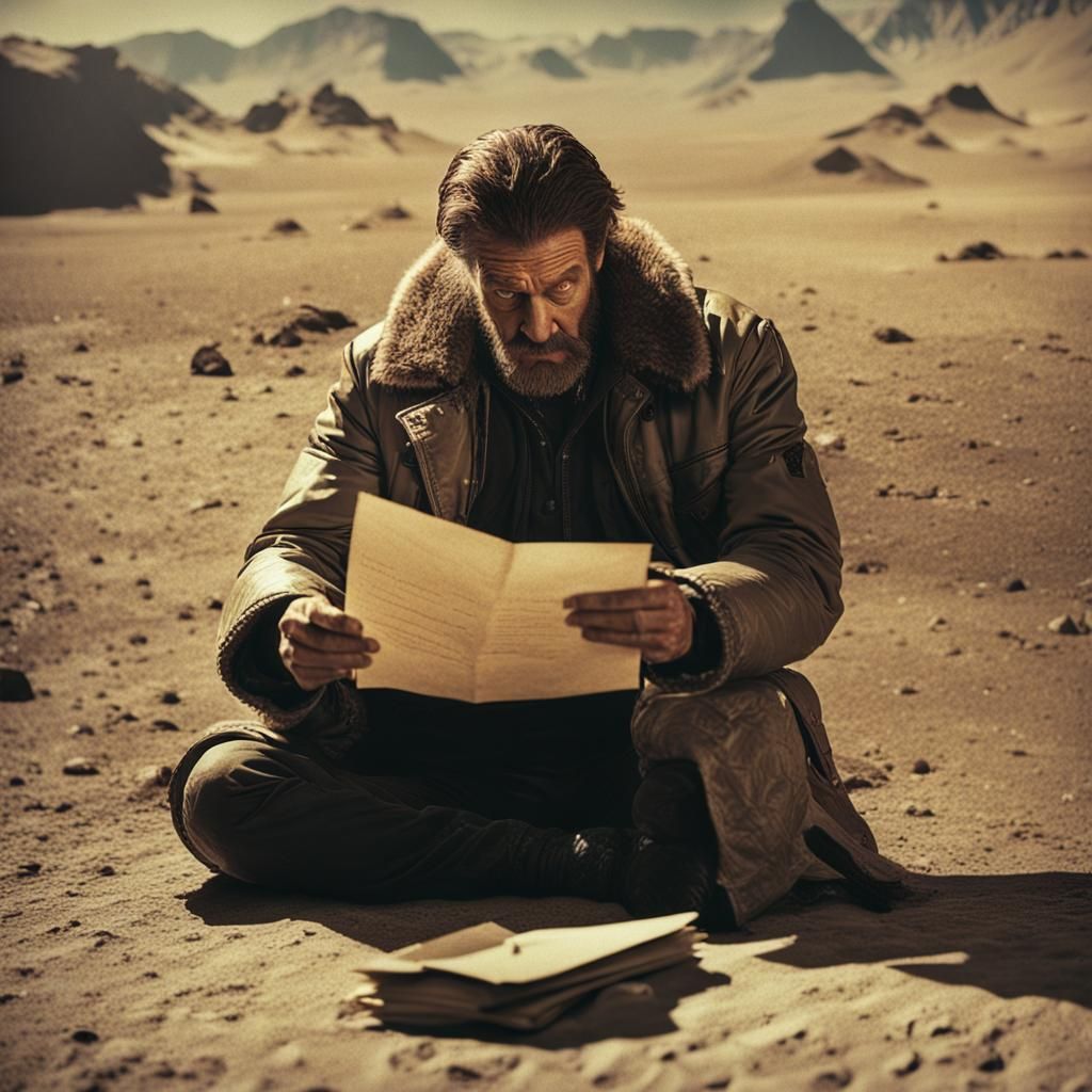 Dramatic Sci-Fi Film Still of Man Reading Letter