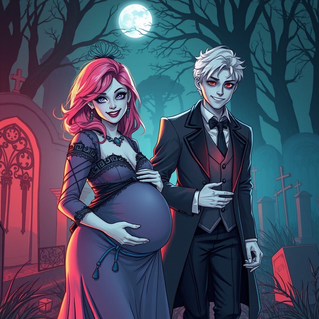 Ethereal Couple Stroll Through a Cemetery in a Gothic Line A...