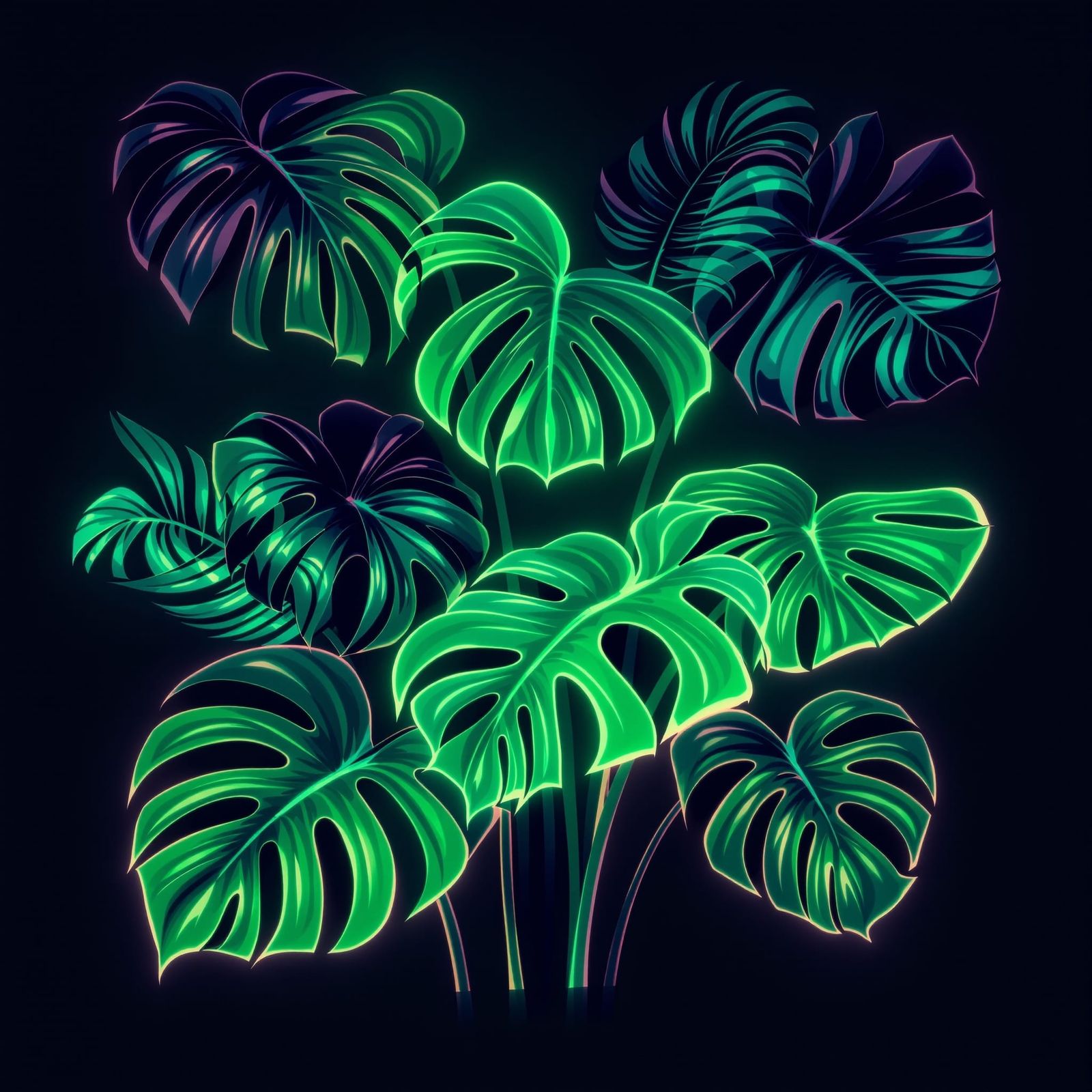 Neon Monstera Leaves Vector Illustration in Digital Art Styl...
