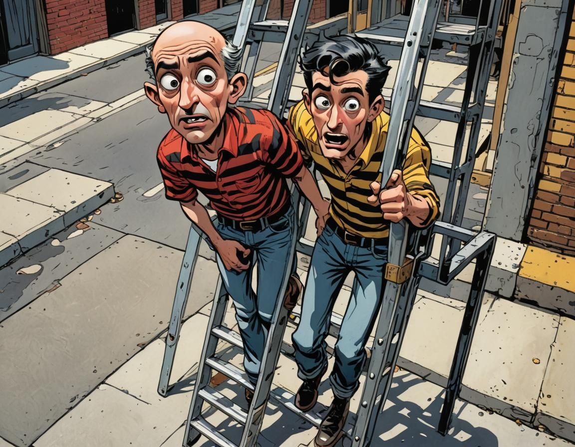 Comical Man Walks Under Ladder: Cartoon Illustration