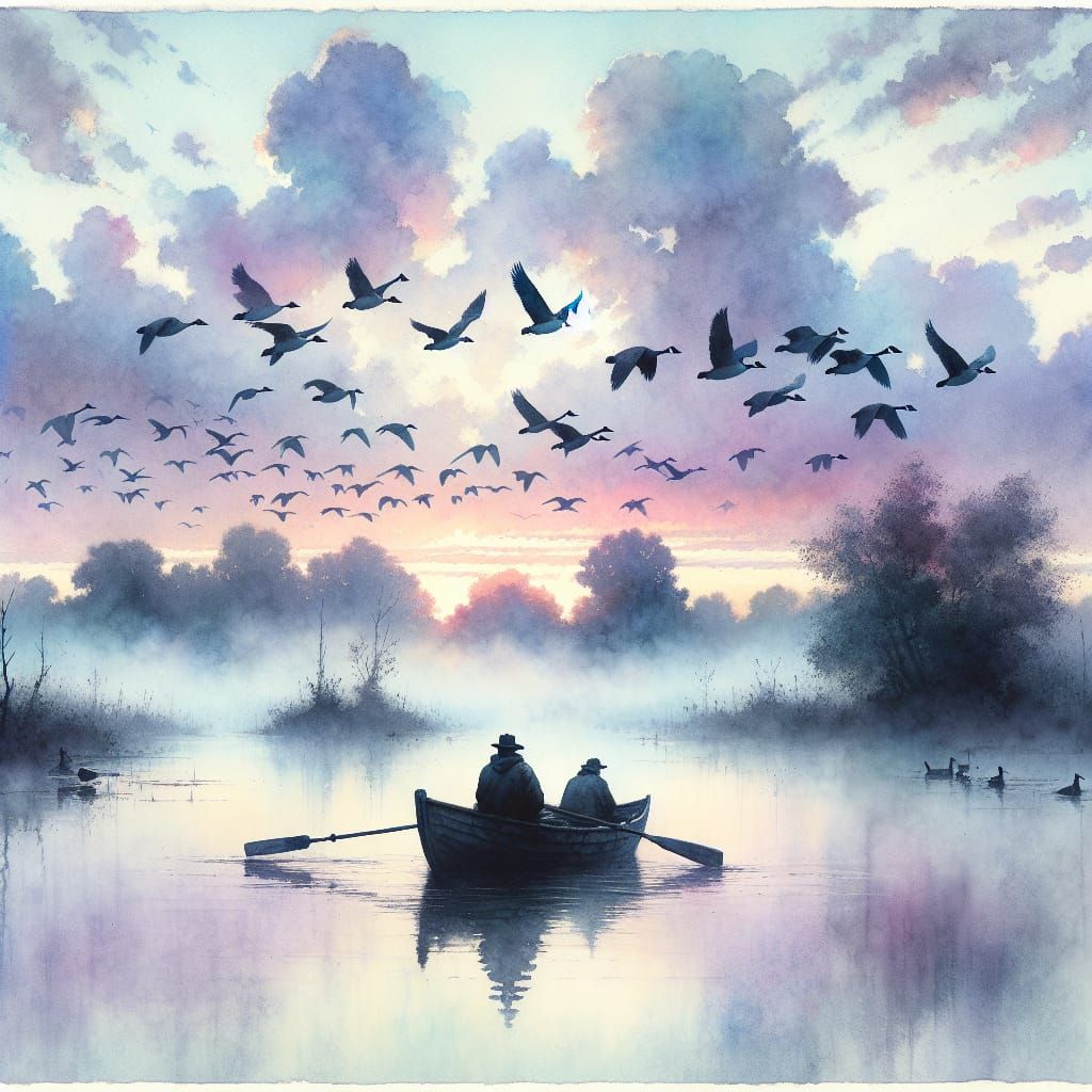 Misty Pond: Fishermen at Dawn in Watercolor Style