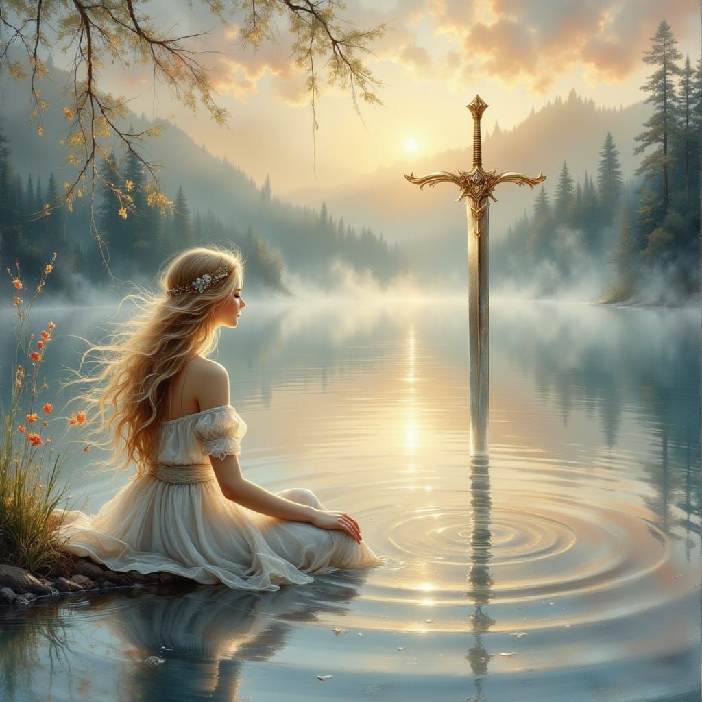 Ethereal Woman by Lake at Dawn with Jeweled Sword