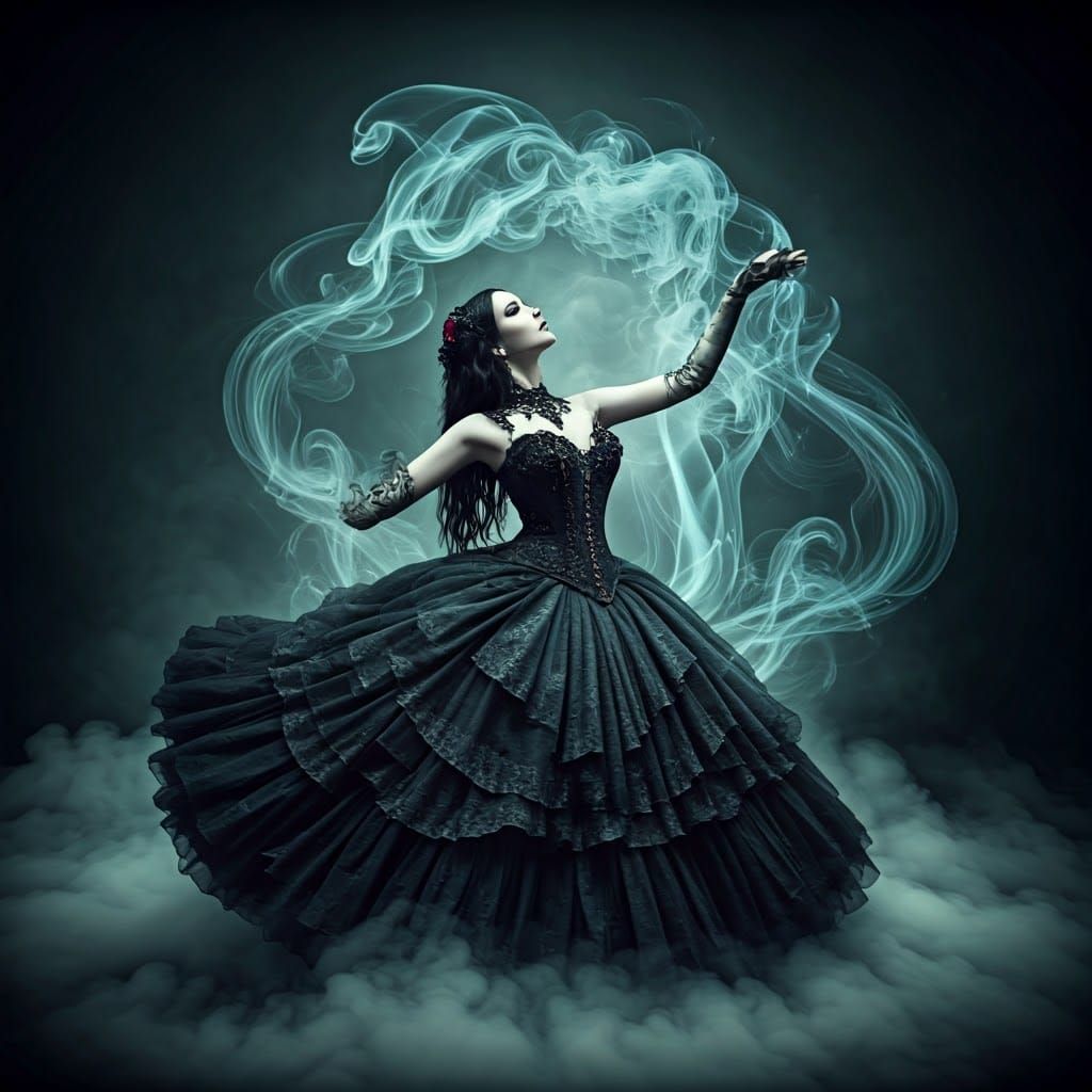Gothic Woman's Ethereal Dance in a Dreamlike Landscape