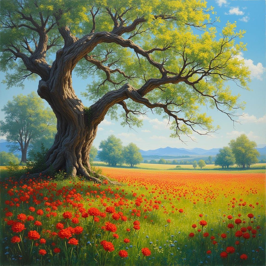 Impressionist Spring Scene with Gnarled Trees and Vibrant Fl...