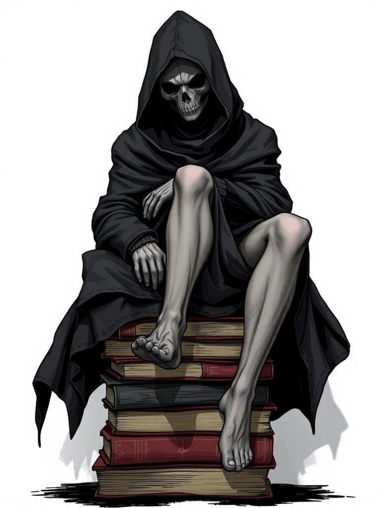 Mysterious Hooded Figure on Stack of Books