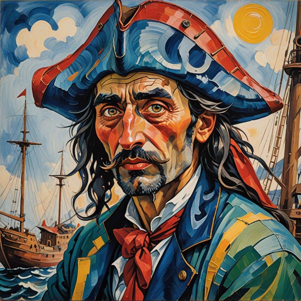 Vibrant Jester on a Weathered Pirate Ship in Neo-Impressioni...