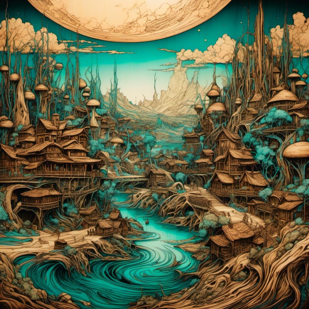 Alien Village Landscape in Biosphere: Pyrography Color Stain