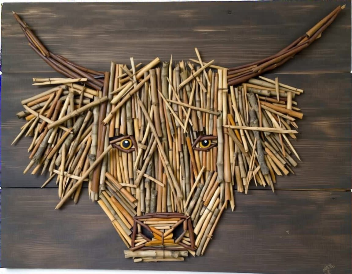 Highland Cow Portrait Made of Sticks at Sunset