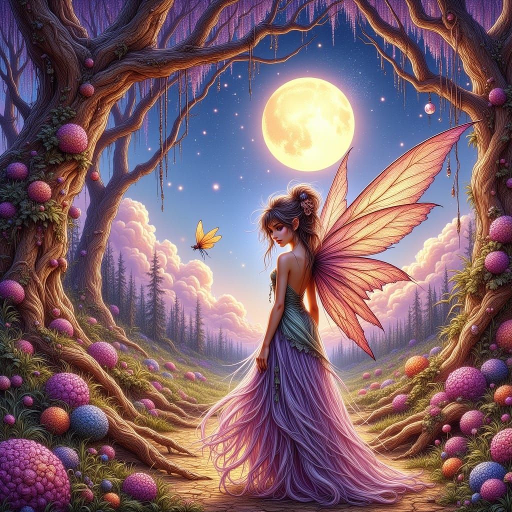 Enchanted Fairy in Whimsical Forest, under Celestial Glow