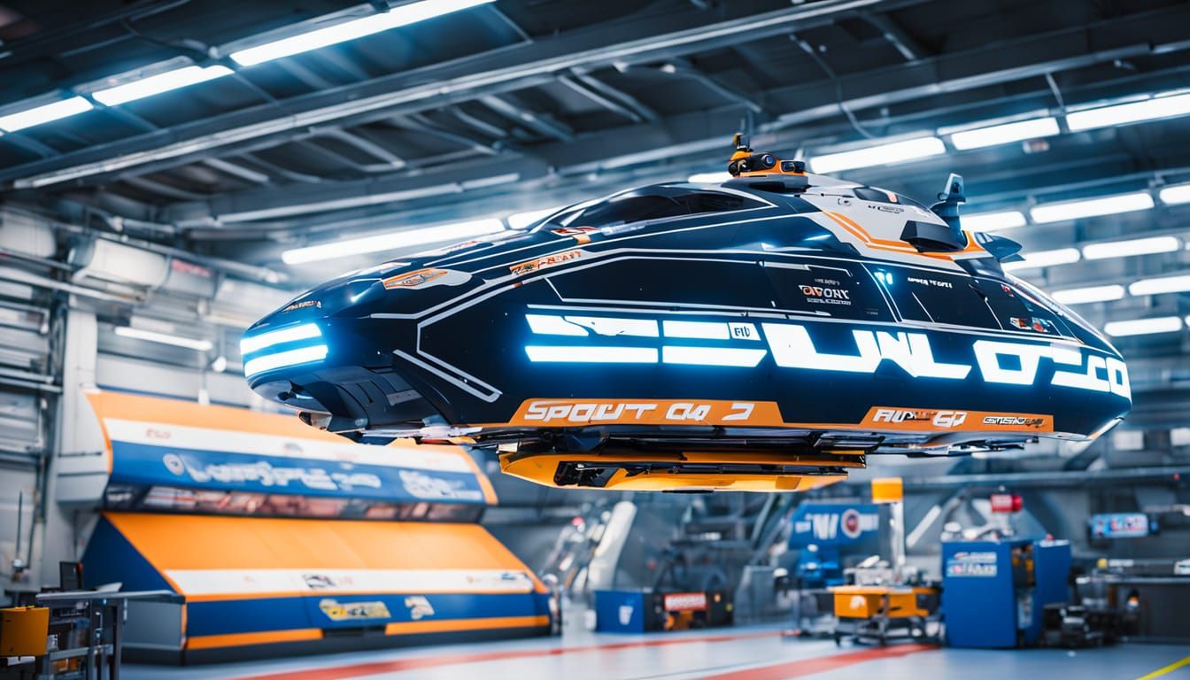 Futuristic Hovercraft in Cyber Garage