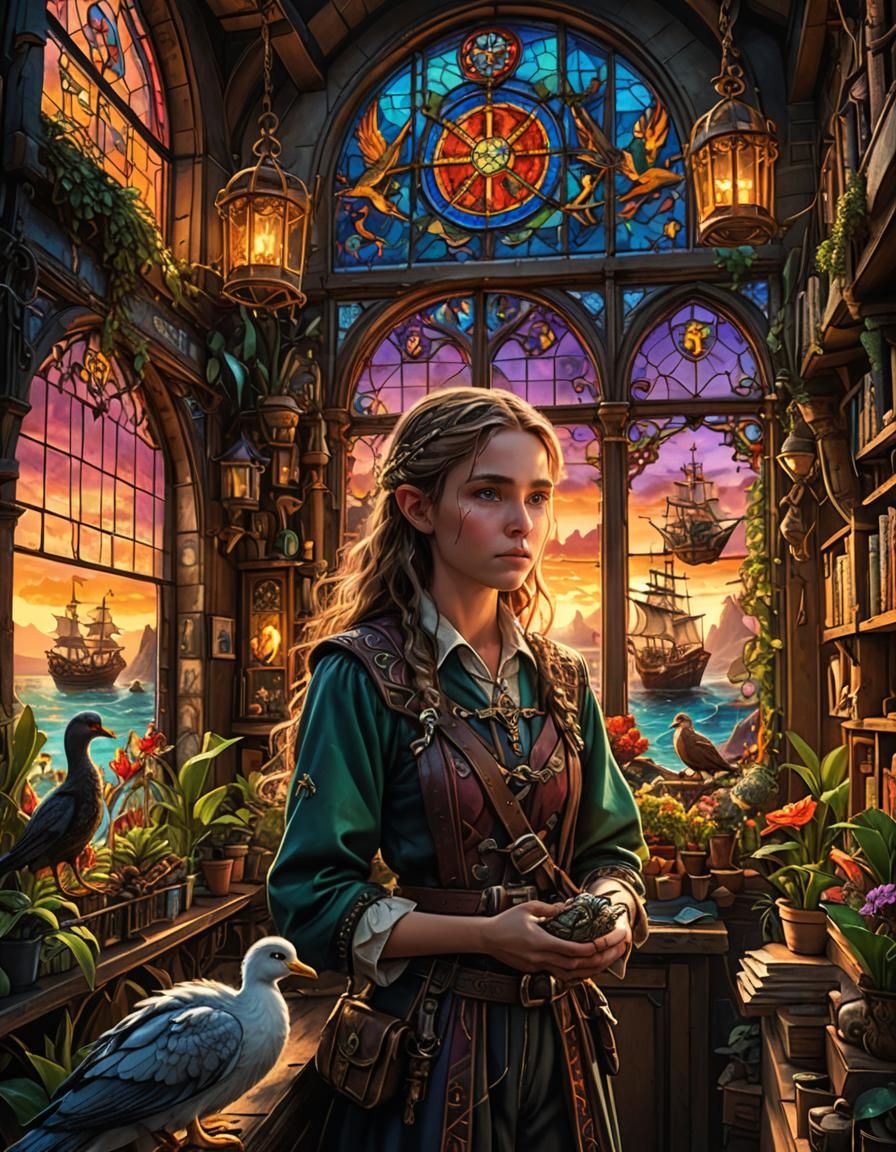 Elf and Goose in Plant Shop with Stained Glass