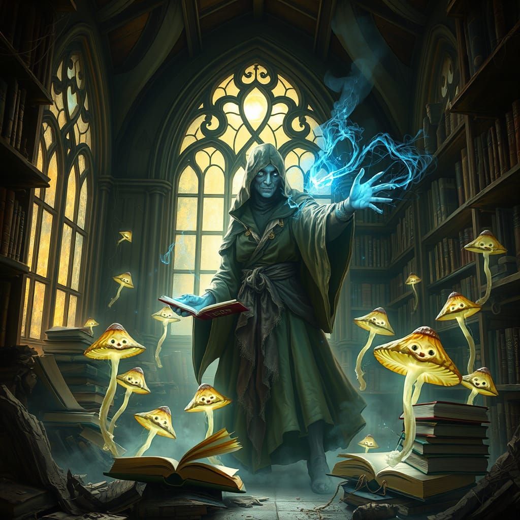 Spectral Librarian's Mystical Spell in Dark Fantasy Art