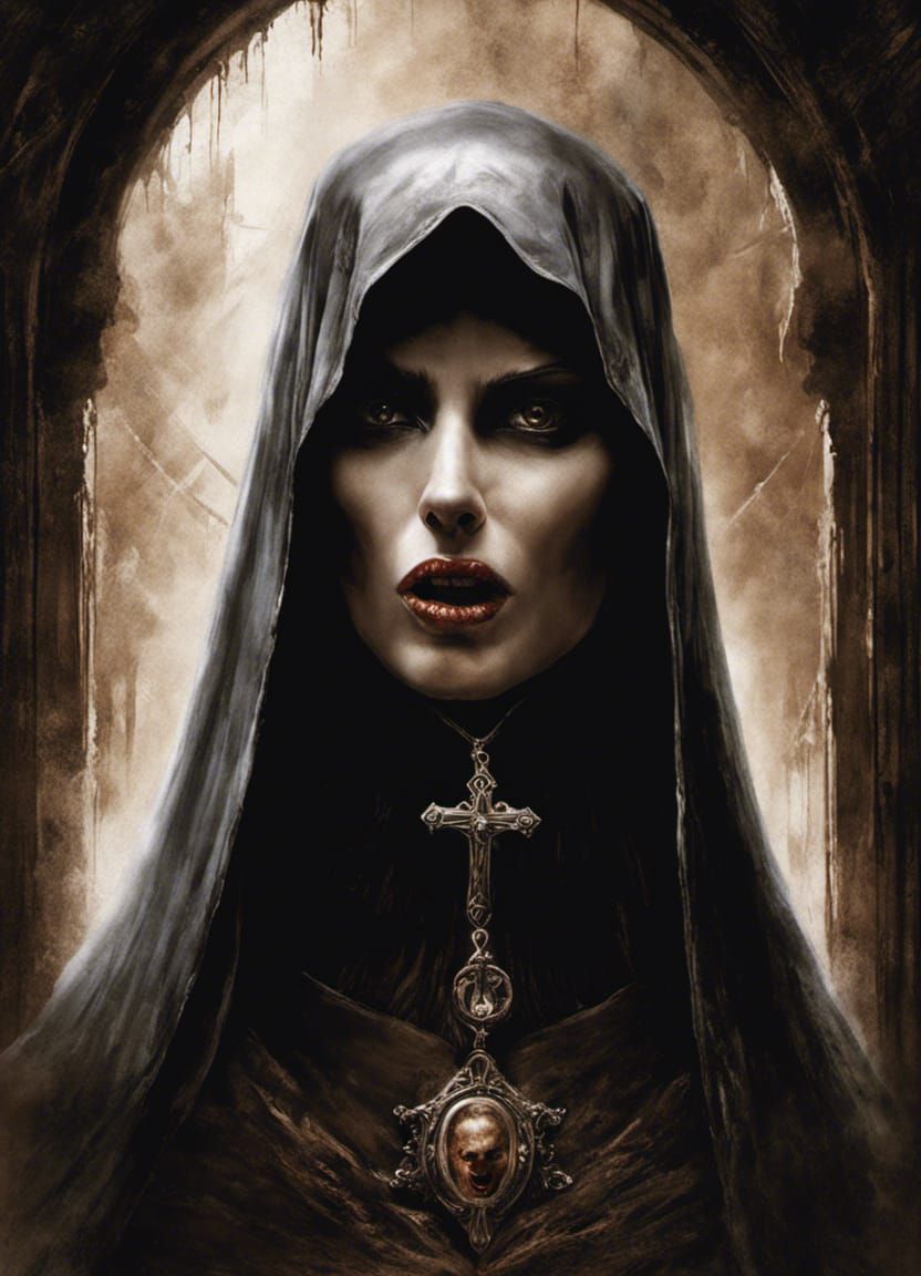 Screaming Nun Portrait in Gothic Horror Style