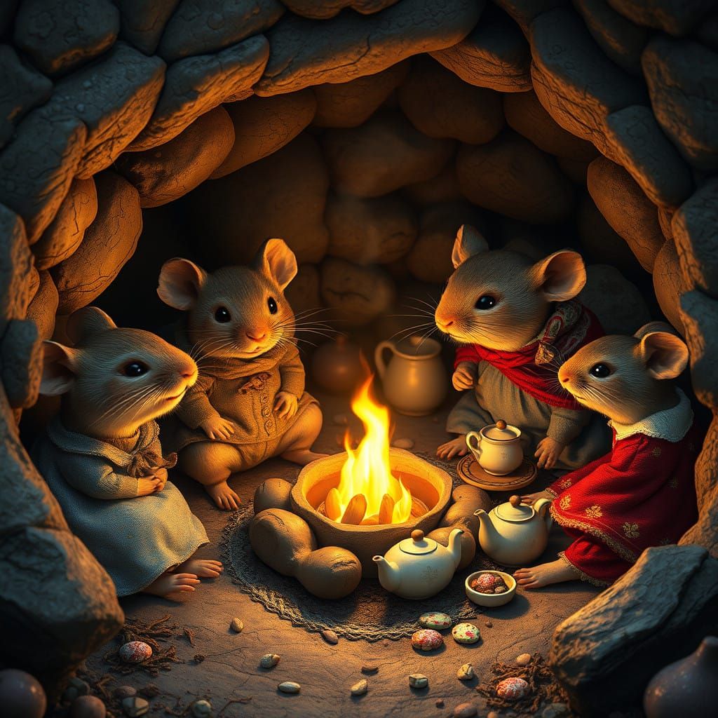 Cozy Field Mice Gather for Whimsical Tea