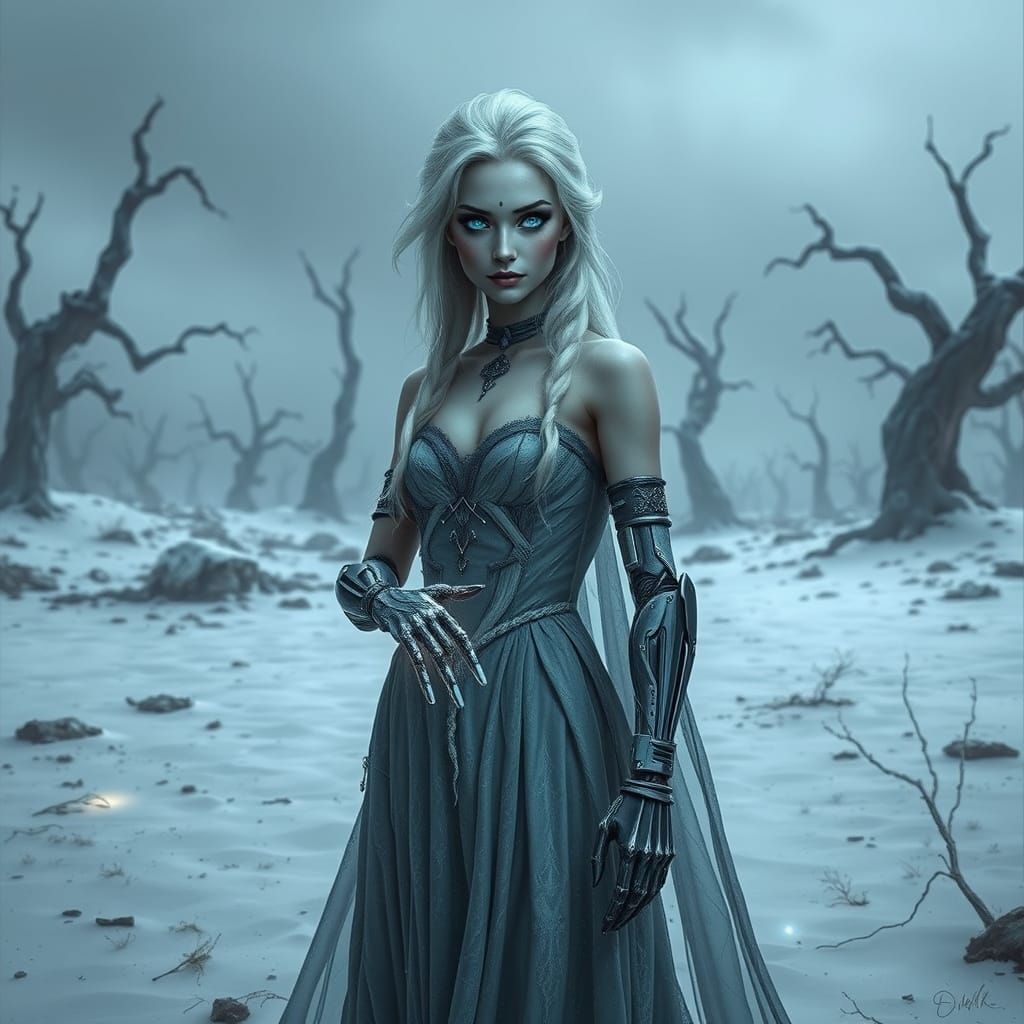 Cybernetic Queen of Ice in a Post-Apocalyptic Wasteland