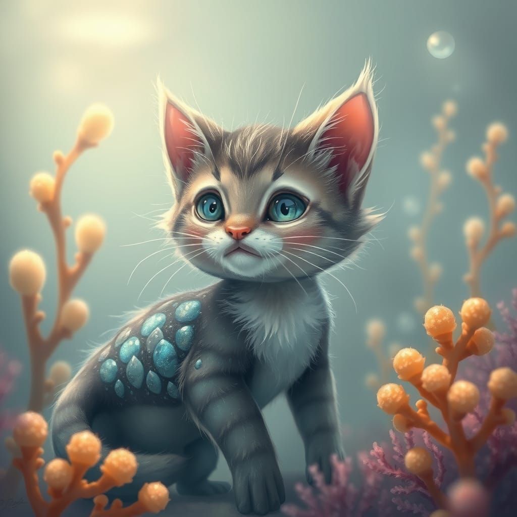Whimsical Feline Goddess in Dreamy Aquatic Realm