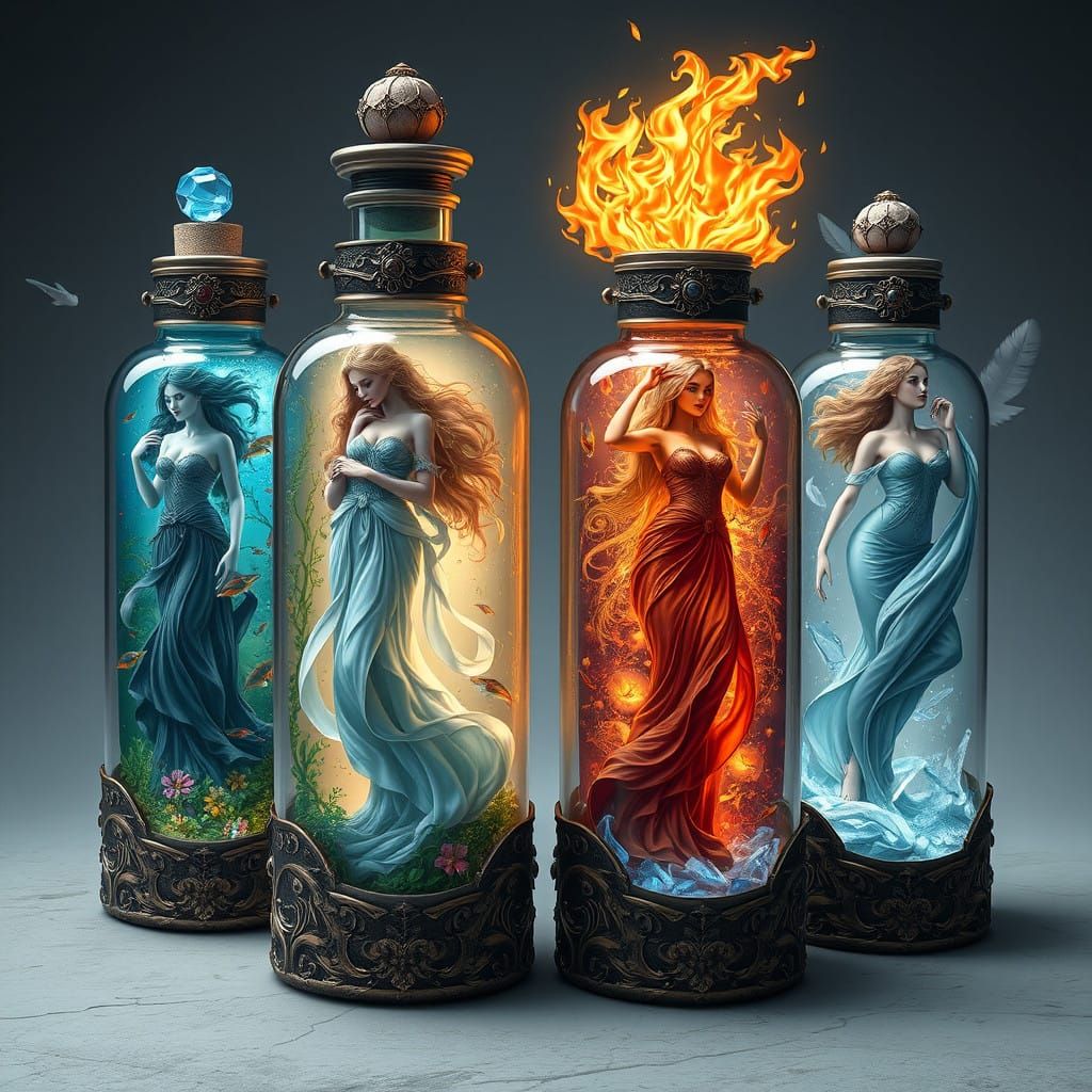 Four Enchanted Elemental Maidens in Rare, Ornate Bottles