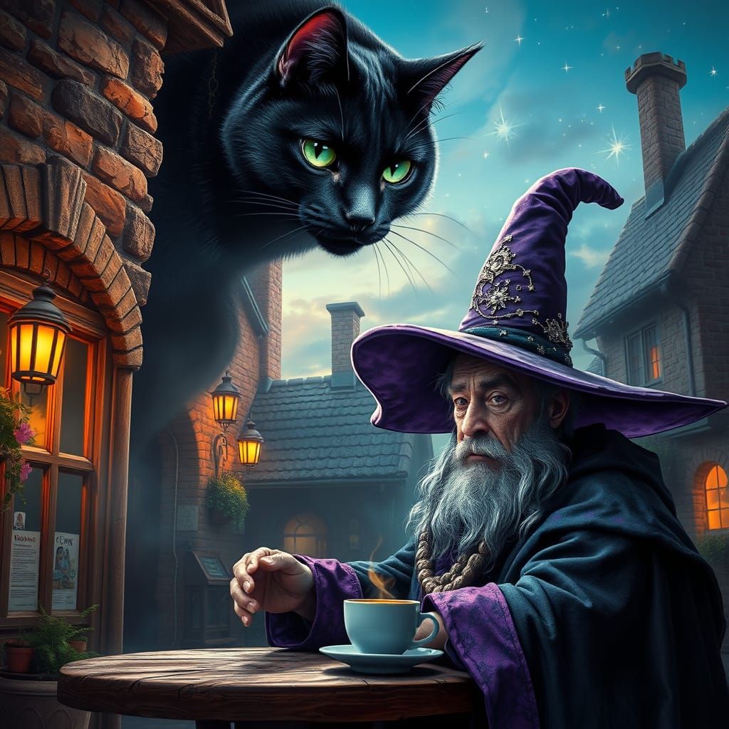 Mystical Guardian Watches Over Medieval Coffee Shop in Vibra...