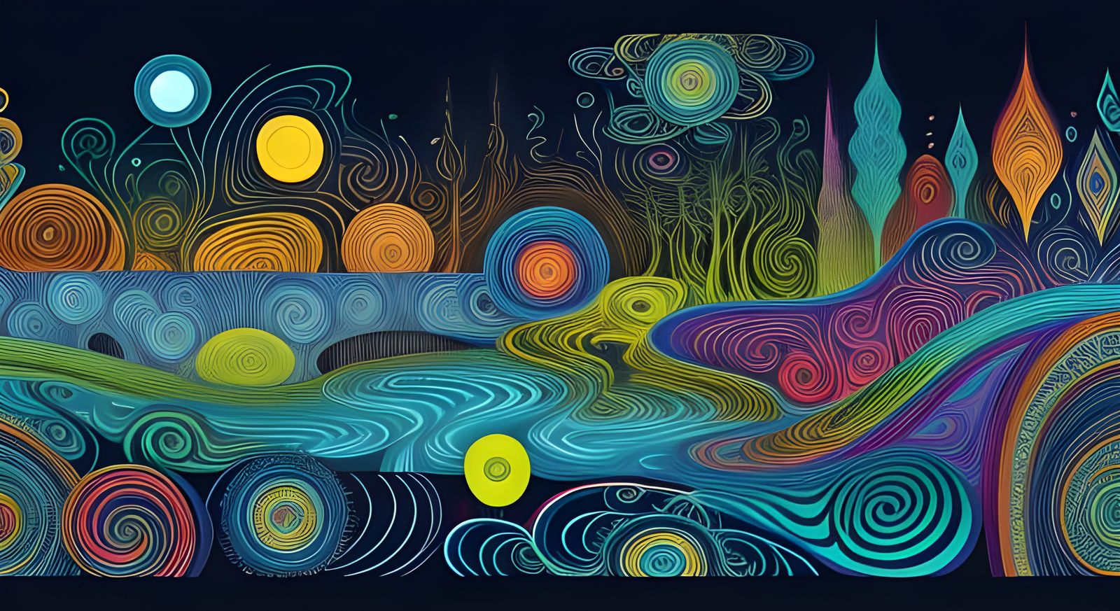 Vibrant Psychedelic Garden with Cosmic River Flow