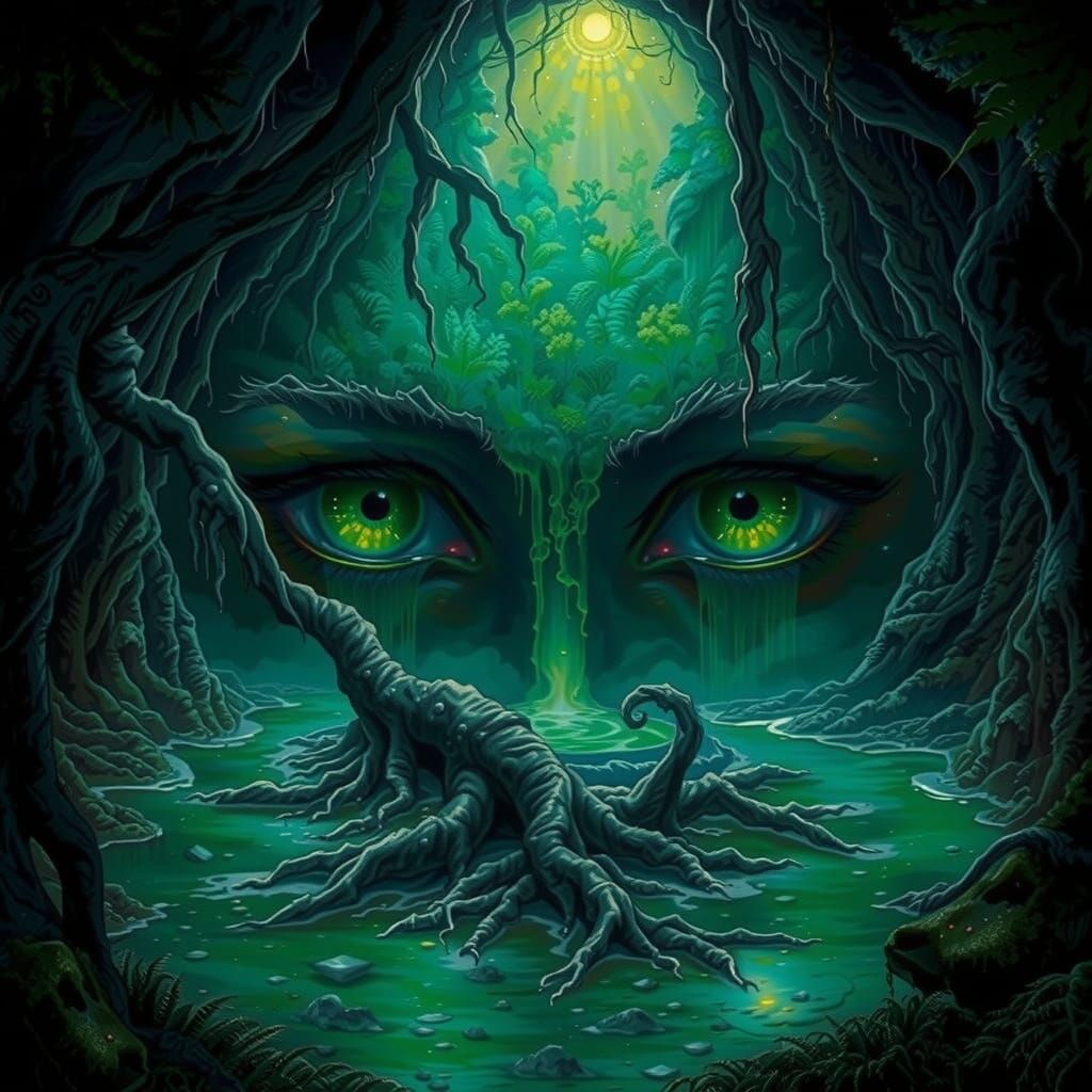 Ethereal Being Emerges from Primordial Cave in Iridescent Ha...