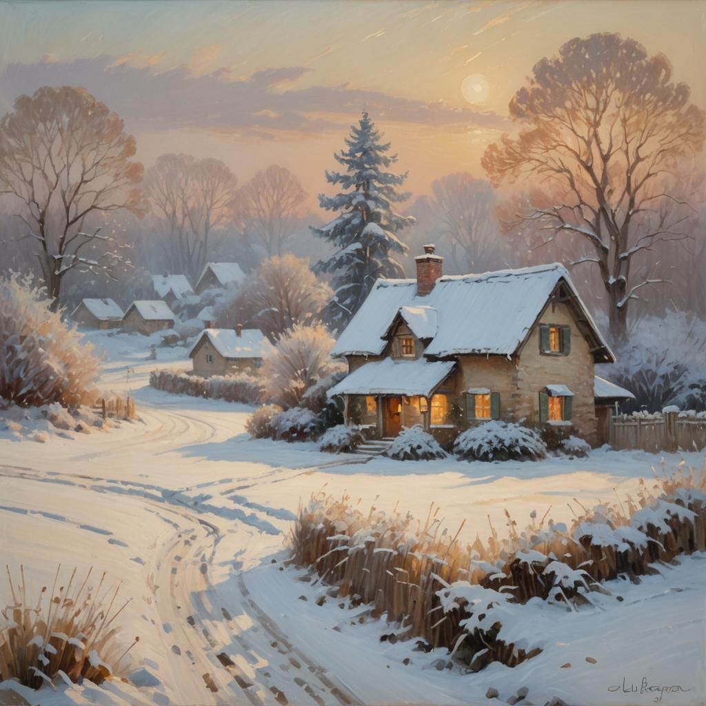 Winter Cottage in Impressionist Snowscape
