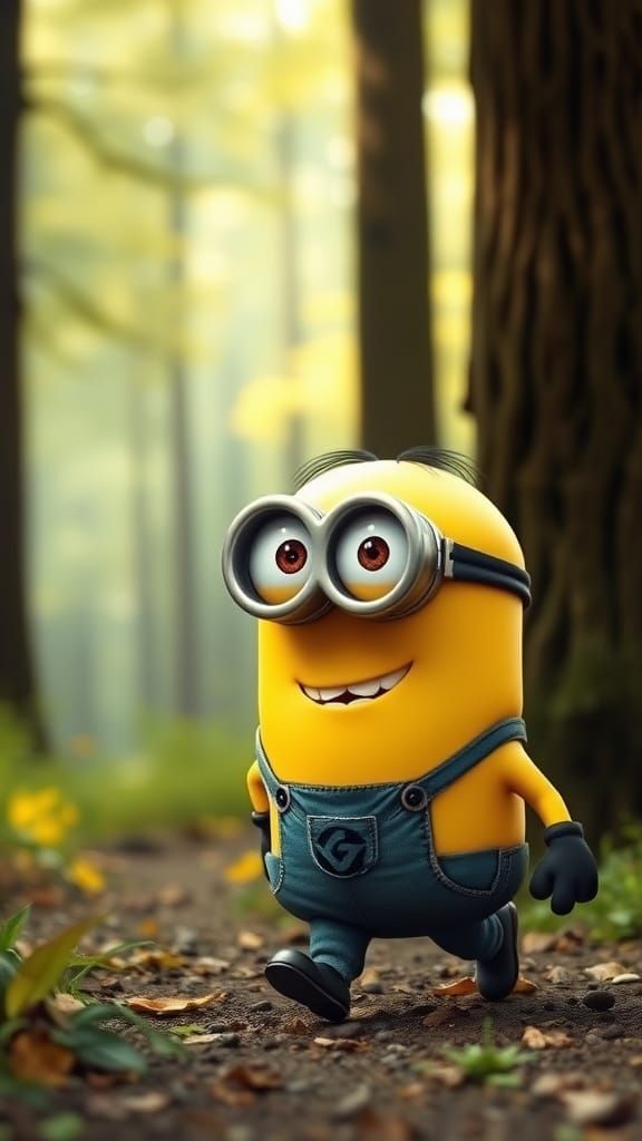 Minions Stroll Through a Vibrant Forest in a Whimsical Carto...