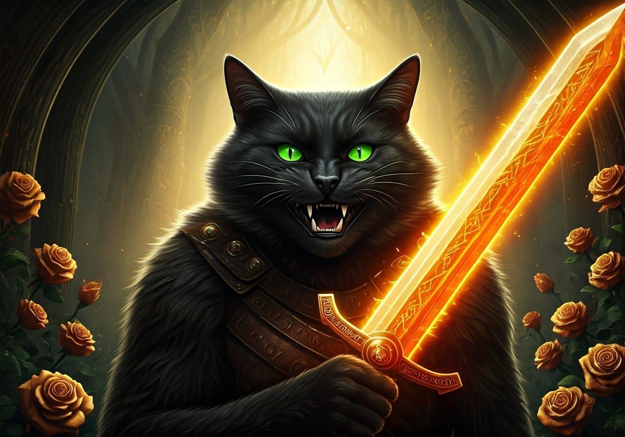 Sinister Black Cat Warrior in Fantasy Wonderland