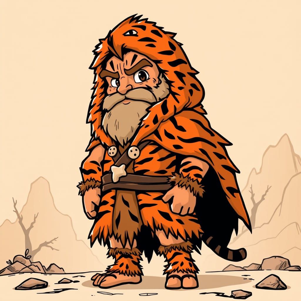 Confident Caveman in Vibrant Tiger Fur Cloak